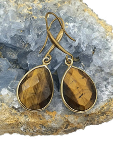Tiger's Eye Earrings, Pear Shaped, Sterling Silver, 14k Gold Plated, Courage & Strength - GemzAustralia 
