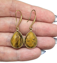 Load image into Gallery viewer, Tiger&#39;s Eye Earrings, Pear Shaped, Sterling Silver, 14k Gold Plated, Courage &amp; Strength - GemzAustralia 