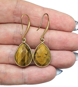 Tiger's Eye Earrings, Pear Shaped, Sterling Silver, 14k Gold Plated, Courage & Strength - GemzAustralia 