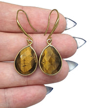 Load image into Gallery viewer, Tiger&#39;s Eye Earrings, Pear Shaped, Sterling Silver, 14k Gold Plated, Courage &amp; Strength - GemzAustralia 