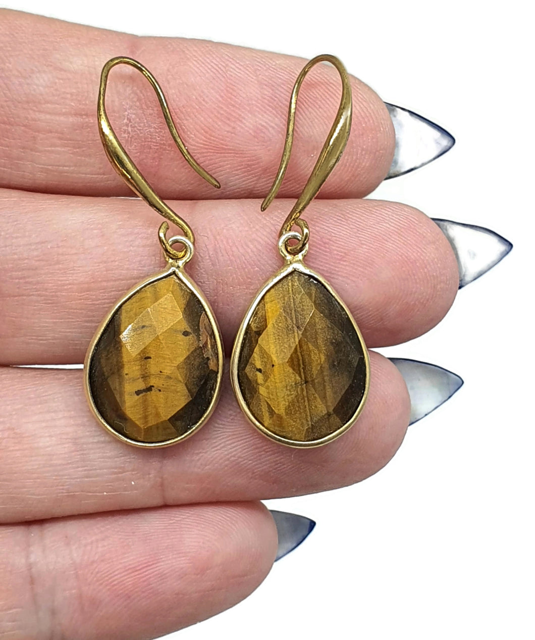 Tiger's Eye Earrings, Pear Shaped, Sterling Silver, 14k Gold Plated, Courage & Strength - GemzAustralia 