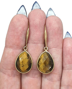 Tiger's Eye Earrings, Pear Shaped, Sterling Silver, 14k Gold Plated, Courage & Strength - GemzAustralia 