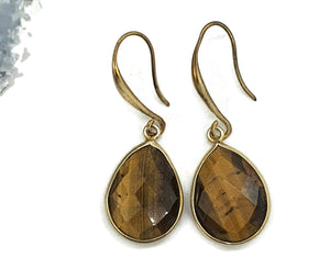 Tiger's Eye Earrings, Pear Shaped, Sterling Silver, 14k Gold Plated, Courage & Strength - GemzAustralia 