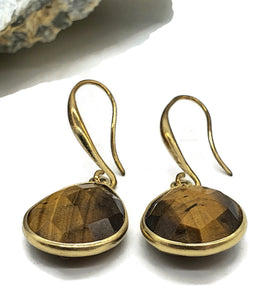 Tiger's Eye Earrings, Pear Shaped, Sterling Silver, 14k Gold Plated, Courage & Strength - GemzAustralia 