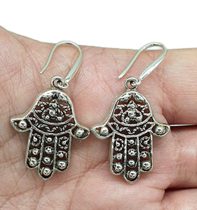 Hamsa Hand Earrings, Sterling Silver, Oxidized Silver, Universal sign of protection - GemzAustralia 