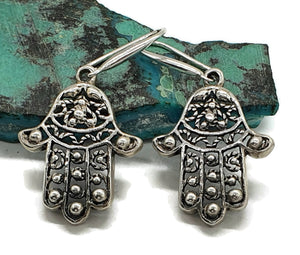 Hamsa Hand Earrings, Sterling Silver, Oxidized Silver, Universal sign of protection - GemzAustralia 