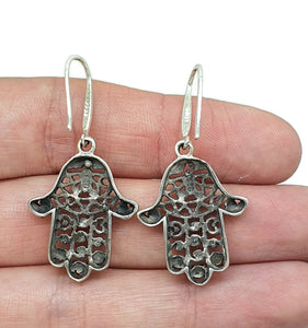 Hamsa Hand Earrings, Sterling Silver, Oxidized Silver, Universal sign of protection - GemzAustralia 