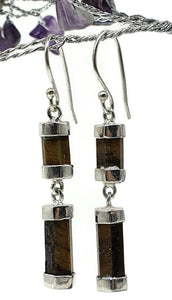 Hexagon Tiger's Eye Earrings, Sterling Silver, Double Drops, Courage Symbol, Protection - GemzAustralia 