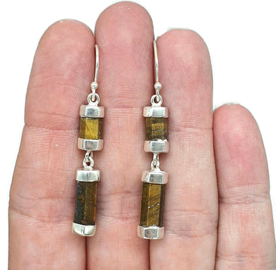 Hexagon Tiger's Eye Earrings, Sterling Silver, Double Drops, Courage Symbol, Protection - GemzAustralia 