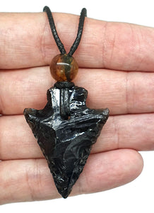 Black Obsidian & Amber Necklace, Adjustable Black Cord, Arrowhead Design - GemzAustralia 