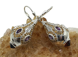 Glamorous Faberge Egg Earrings, Citrine, Amethyst, Garnet drops, Genie Bottle Design - GemzAustralia 