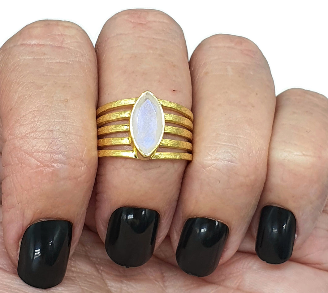 Faceted Rainbow Moonstone Ring, Size 7.75, Sterling Silver, 14k gold plated - GemzAustralia 