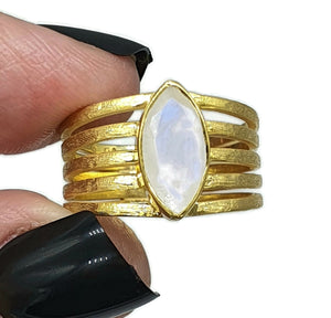 Faceted Rainbow Moonstone Ring, Size 7.75, Sterling Silver, 14k gold plated - GemzAustralia 