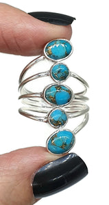 Blue Arizona Turquoise Ring, Size 9.5, Sterling Silver, Five Stone Ring, Protection Stone - GemzAustralia 