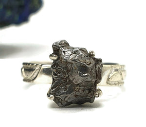 Raw Meteorite Ring, Size 8, Sterling Silver, Metallic Grey Gem, 4 prong, Campo del Cielo - GemzAustralia 