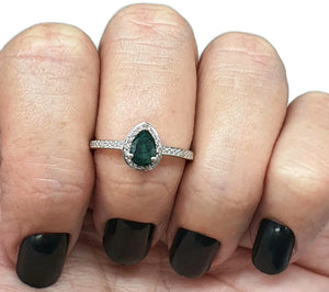 Emerald and Diamond Halo Ring, size 8, Sterling Silver, May Birthstone, Pear faceted - GemzAustralia 