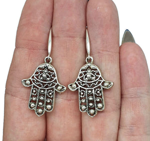Hamsa Hand Earrings, Sterling Silver, Oxidized Silver, Universal sign of protection - GemzAustralia 