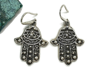 Hamsa Hand Earrings, Sterling Silver, Oxidized Silver, Universal sign of protection - GemzAustralia 