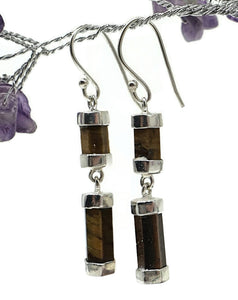 Hexagon Tiger's Eye Earrings, Sterling Silver, Double Drops, Courage Symbol, Protection - GemzAustralia 