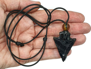 Black Obsidian & Amber Necklace, Adjustable Black Cord, Arrowhead Design - GemzAustralia 