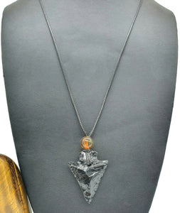 Black Obsidian & Amber Necklace, Adjustable Black Cord, Arrowhead Design - GemzAustralia 
