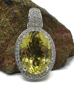 Lemon Quartz & Zircon Halo Pendant, 13 carats, Sterling Silver, Oval Shaped - GemzAustralia 