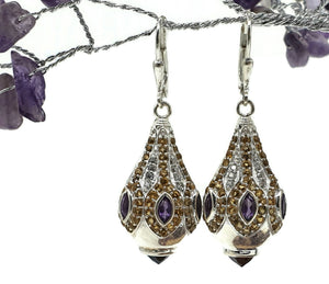 Glamorous Faberge Egg Earrings, Citrine, Amethyst, Garnet drops, Genie Bottle Design - GemzAustralia 
