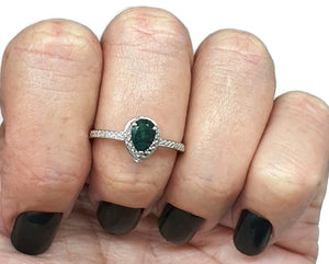 Emerald and Diamond Halo Ring, size 8, Sterling Silver, May Birthstone, Pear faceted - GemzAustralia 