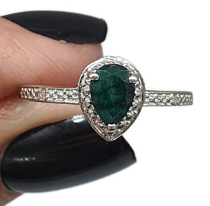 Emerald and Diamond Halo Ring, size 8, Sterling Silver, May Birthstone, Pear faceted - GemzAustralia 