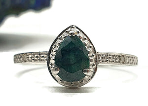 Emerald and Diamond Halo Ring, size 8, Sterling Silver, May Birthstone, Pear faceted - GemzAustralia 