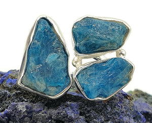 Statement Raw Blue Apatite Ring, Size 7.5, Sterling Silver, Rough Neon Blue Apatite - GemzAustralia 