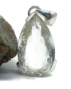 Clear Quartz Crystal Pendant, Pear Faceted, Sterling Silver, 30 carats, Concentration Stone - GemzAustralia 