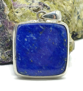 Lapis Lazuli Pendant, Square Shape, Sterling Silver, Protection Stone, Bezel Set - GemzAustralia 