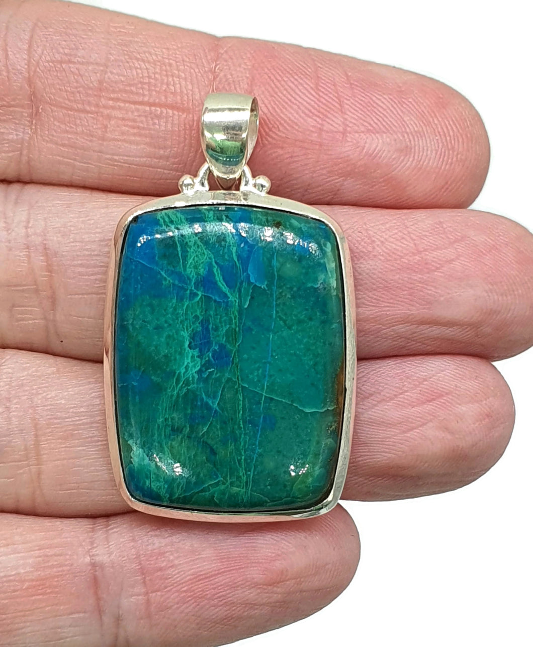 Chrysocolla Pendant, Rectangle Shaped, Sterling Silver, Green Blue Gemstone - GemzAustralia 