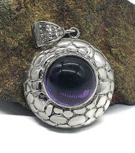 Amethyst Pendant, Sterling Silver, Round Cabochon Amethyst, February Birthstone - GemzAustralia 