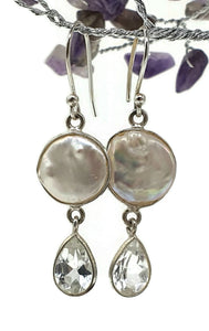 White Baroque Pearl & White Topaz Earrings, Freshwater Pearls, Sterling Silver - GemzAustralia 