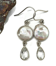 Load image into Gallery viewer, White Baroque Pearl &amp; White Topaz Earrings, Freshwater Pearls, Sterling Silver - GemzAustralia 