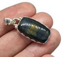 Load image into Gallery viewer, Blue Gold Tigers Eye Pendant, Sterling Silver, Rectangle Shaped, Hawks Eye, Strength - GemzAustralia 