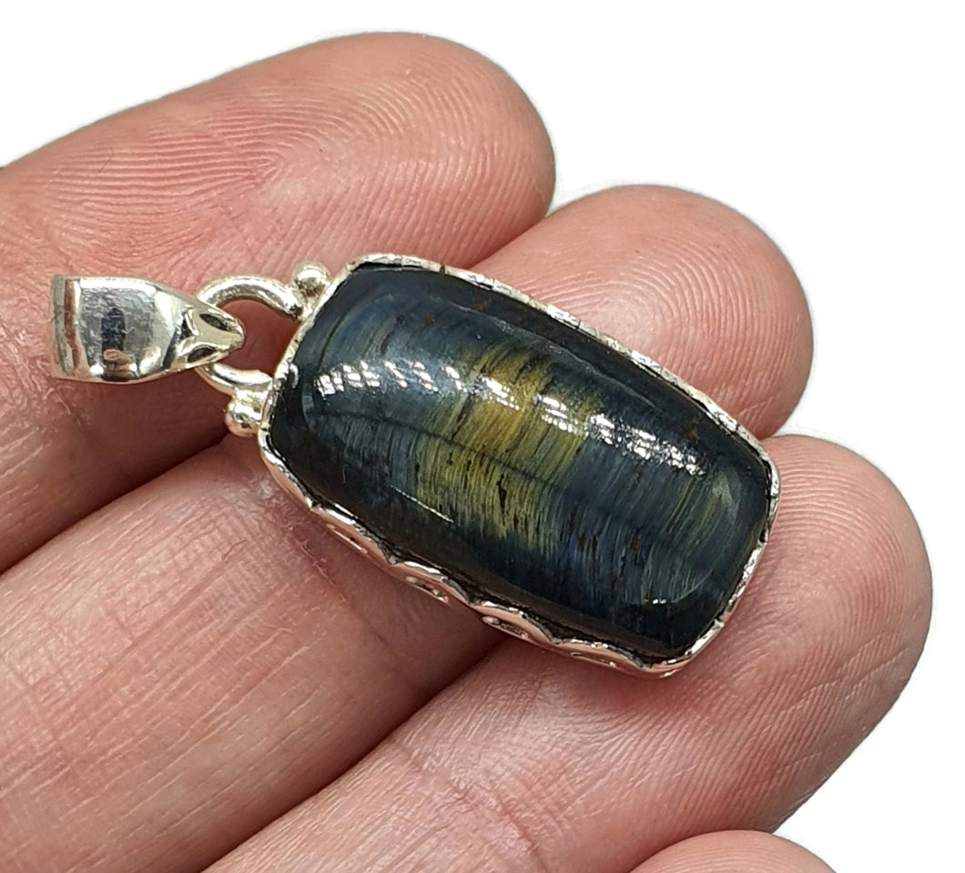 Blue Gold Tigers Eye Pendant, Sterling Silver, Rectangle Shaped, Hawks Eye, Strength - GemzAustralia 