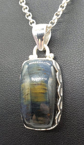 Blue Gold Tigers Eye Pendant, Sterling Silver, Rectangle Shaped, Hawks Eye, Strength - GemzAustralia 