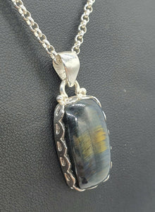 Blue Gold Tigers Eye Pendant, Sterling Silver, Rectangle Shaped, Hawks Eye, Strength - GemzAustralia 