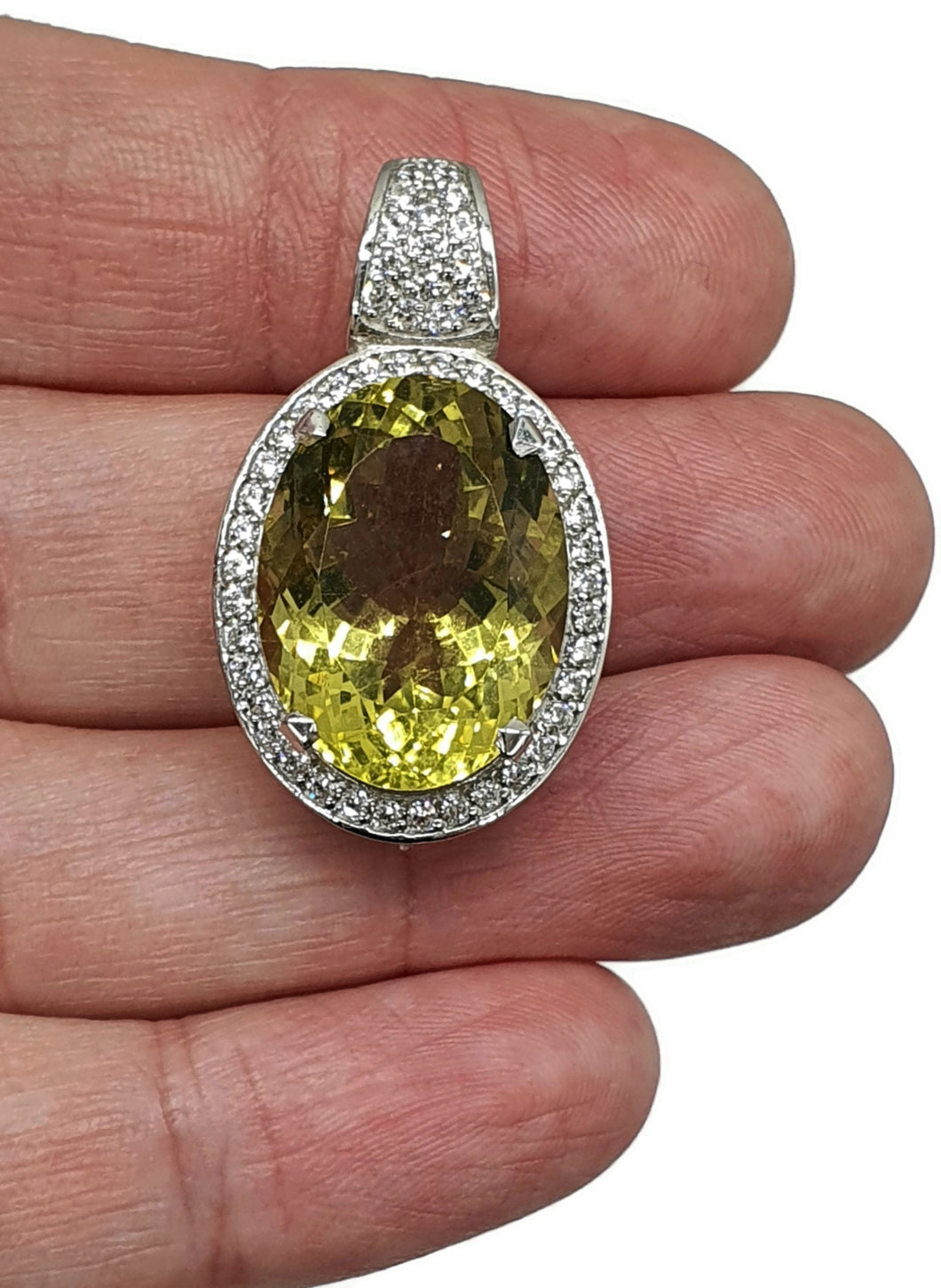 Lemon Quartz & Zircon Halo Pendant, 13 carats, Sterling Silver, Oval Shaped - GemzAustralia 