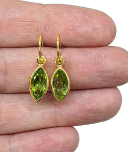 Gold Peridot Earrings, August Birthstone, Sterling Silver, 18K gold plated, Marquise Shaped - GemzAustralia 