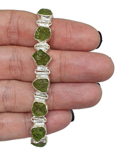 Raw Peridot Bracelet, Sterling Silver, Rough Peridot, August Birthstone, Rustic Bezel Setting - GemzAustralia 