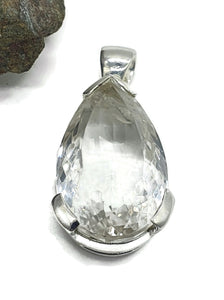 Clear Quartz Crystal Pendant, Pear Faceted, Sterling Silver, 30 carats, Concentration Stone - GemzAustralia 