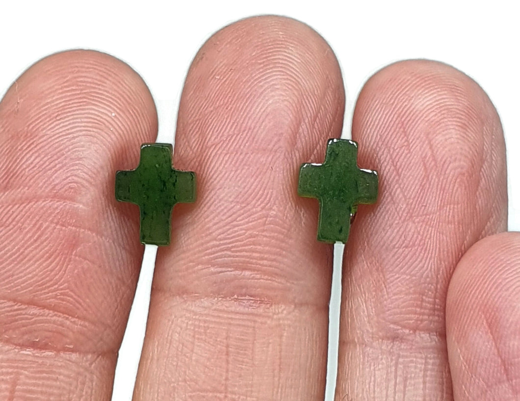 Canadian Jade Cross studs, Sterling Silver, Deep Green Jade, British Columbia Nephrite Jade - GemzAustralia 