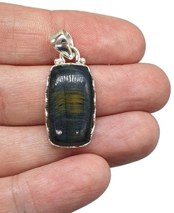 Blue Gold Tigers Eye Pendant, Sterling Silver, Rectangle Shaped, Hawks Eye, Strength - GemzAustralia 