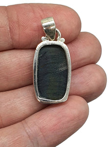 Blue Gold Tigers Eye Pendant, Sterling Silver, Rectangle Shaped, Hawks Eye, Strength - GemzAustralia 