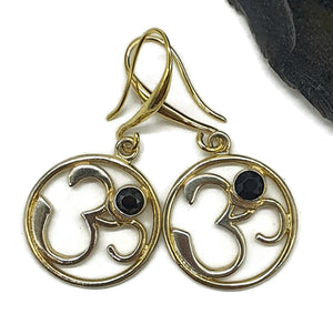 Ohm Black Onyx Earrings, Sterling Silver, 14K Gold Plated, Sacred Sound, Support Stone - GemzAustralia 