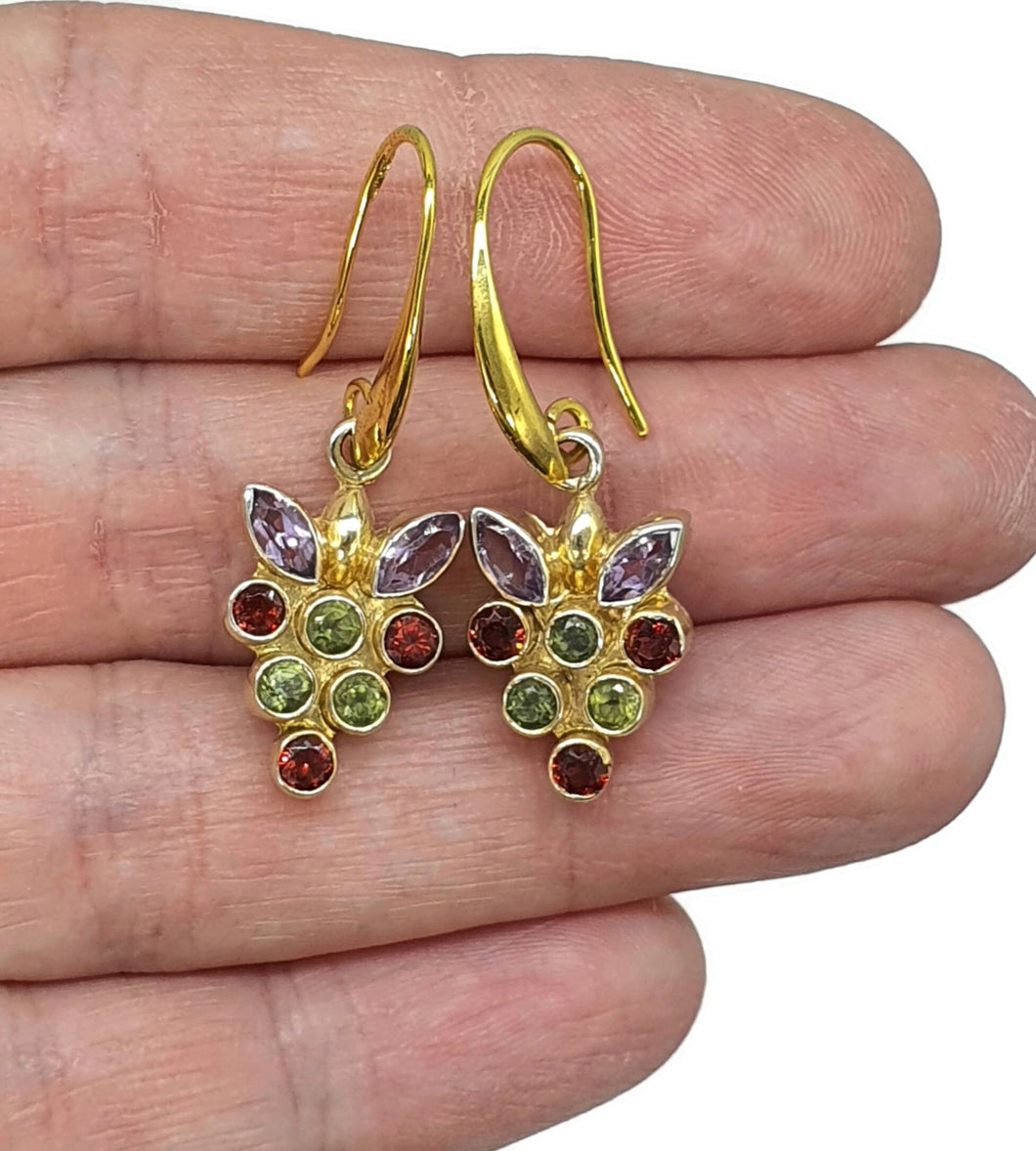 Multi Gemstone Earrings, Sterling Silver, 14k gold plated, Peridot, Amethyst & Garnet - GemzAustralia 